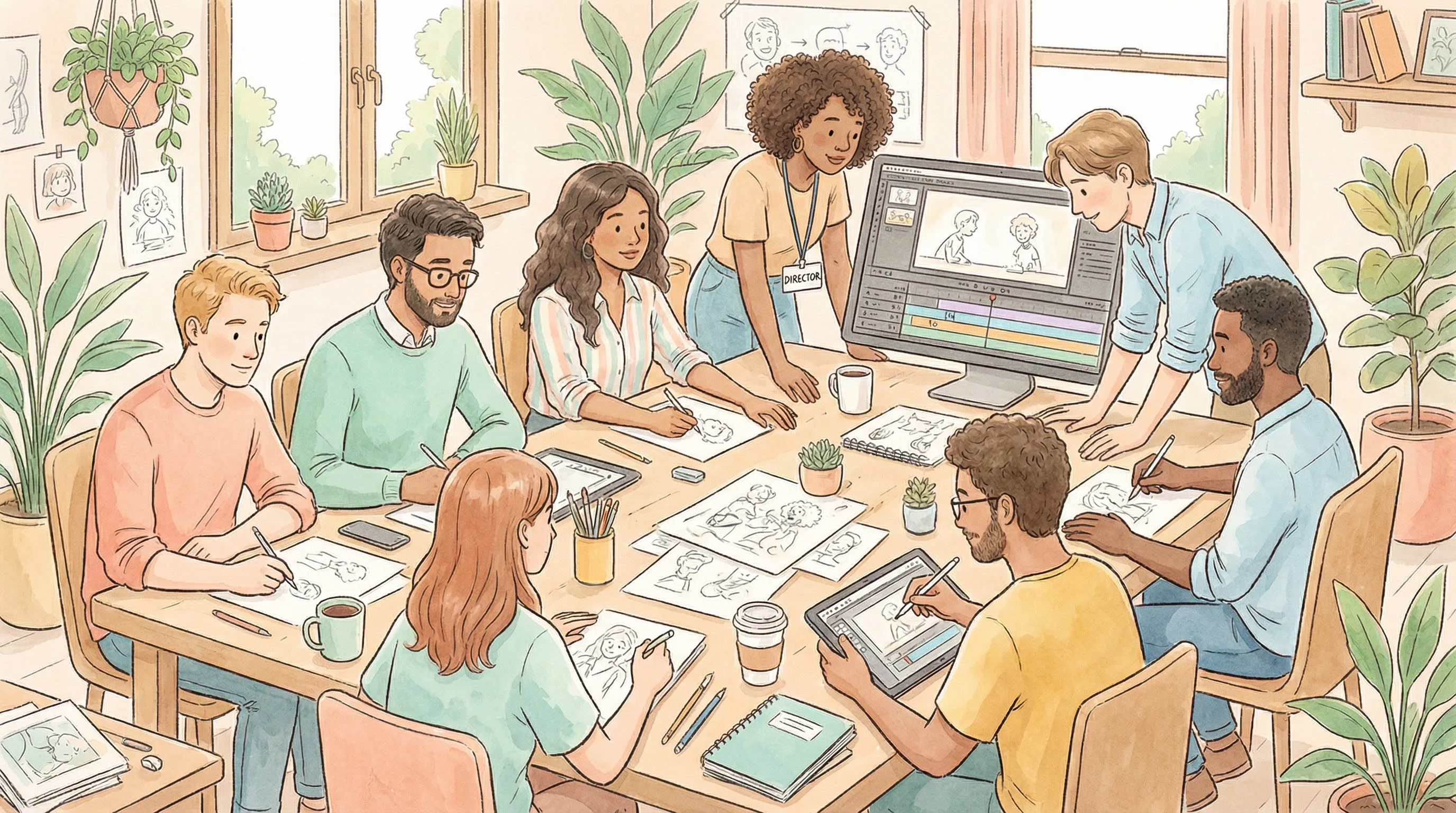 韩国女主播创作团队工作场景插画 - 多元化动画创作团队协作