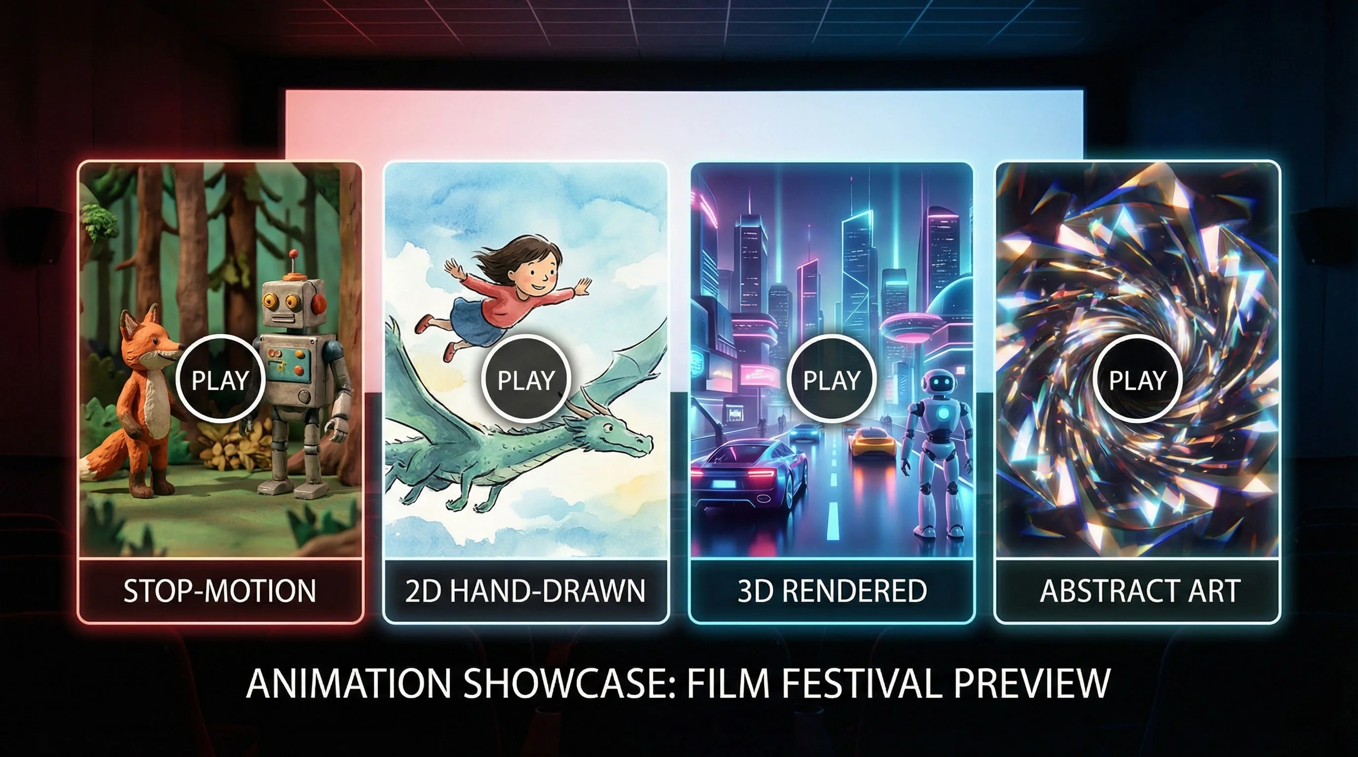 韩国女主播动画预告片合集横幅 - 定格动画、2D手绘、3D渲染、抽象艺术四种风格预览